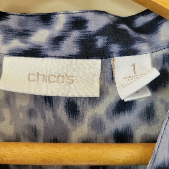 Chico's | Blue Animal Print Blouse with Sequin Neckline - Picture 6 of 7